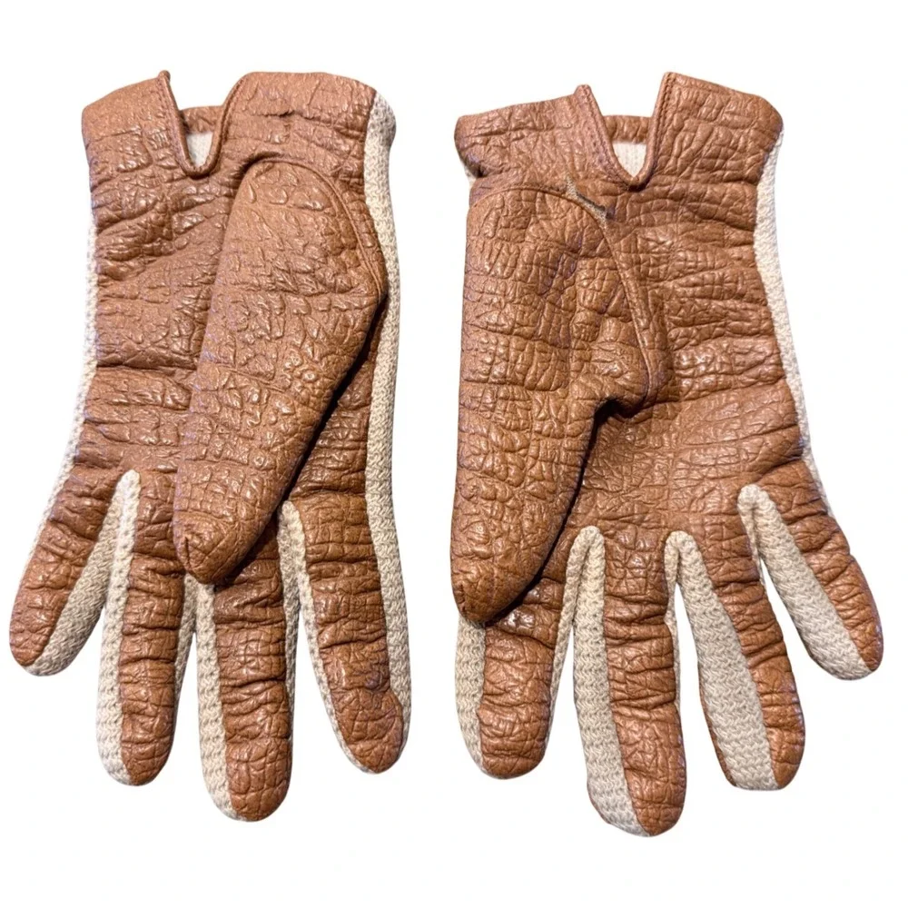 Vintage Aris Snuggler Women's Gloves Size L Brown Textured Leather Knit‎ Trim